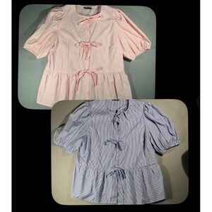 PAIR Of Pretty‎ Garden XL Blue/pink Strip Bow Front Top Puff Elbow Sleeves